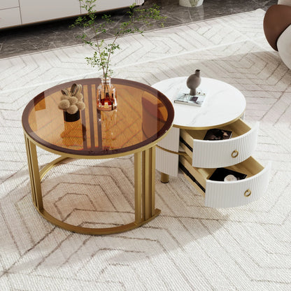 2-in-1 Salontafel – Ronde Tafel – Bijzettafel – Woonkamertafel – Koffietafel – Hoogglans Wit en Bruin – 2 Laden – Compact en Stabiel Design