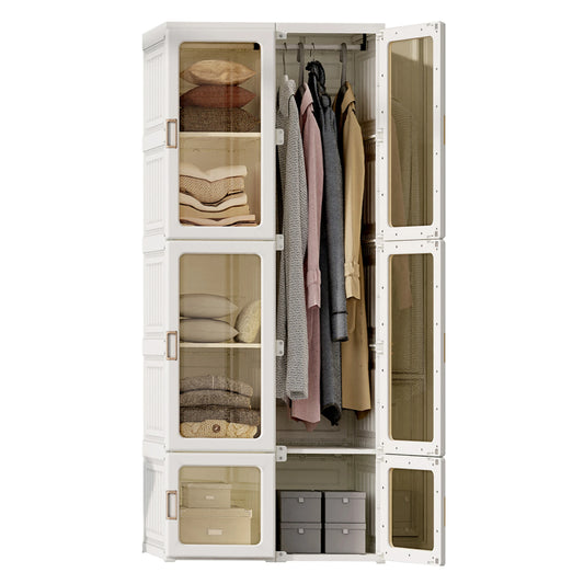 Kledingkast – Opbergkast – Garderobekast – Slaapkamerkast – Witte Kast – 170x69x50 cm – Vouwbaar Met Kledingstang – Transparante Magnetische Deuren