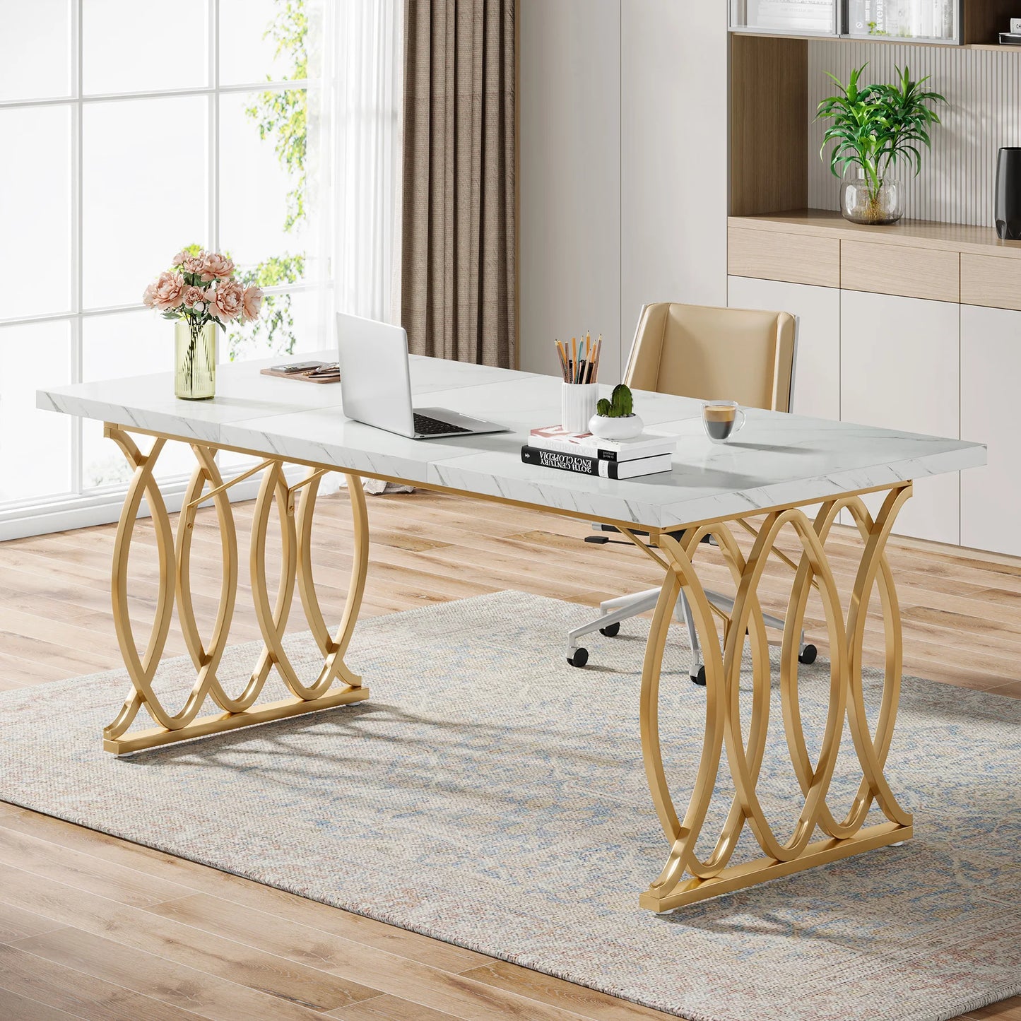 Bureautafel – Werktafel – Thuiswerkplek – Studiebureau – Kantoormeubel – Stevig Metaal Frame – Krasbestendig Tafelblad - 160 x 80 x 75 cm - Wit & Goud