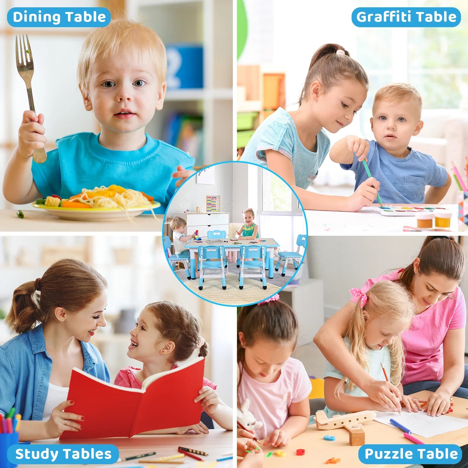 Kinder Tafel Met 6 Stoelen – Kindermeubel – Speeltafel – Knutseltafel – Verstelbare Kinderstoel – Verstelbare Hoogte – Duurzaam Kunststof Met Houtlook - Blauw - QUORE