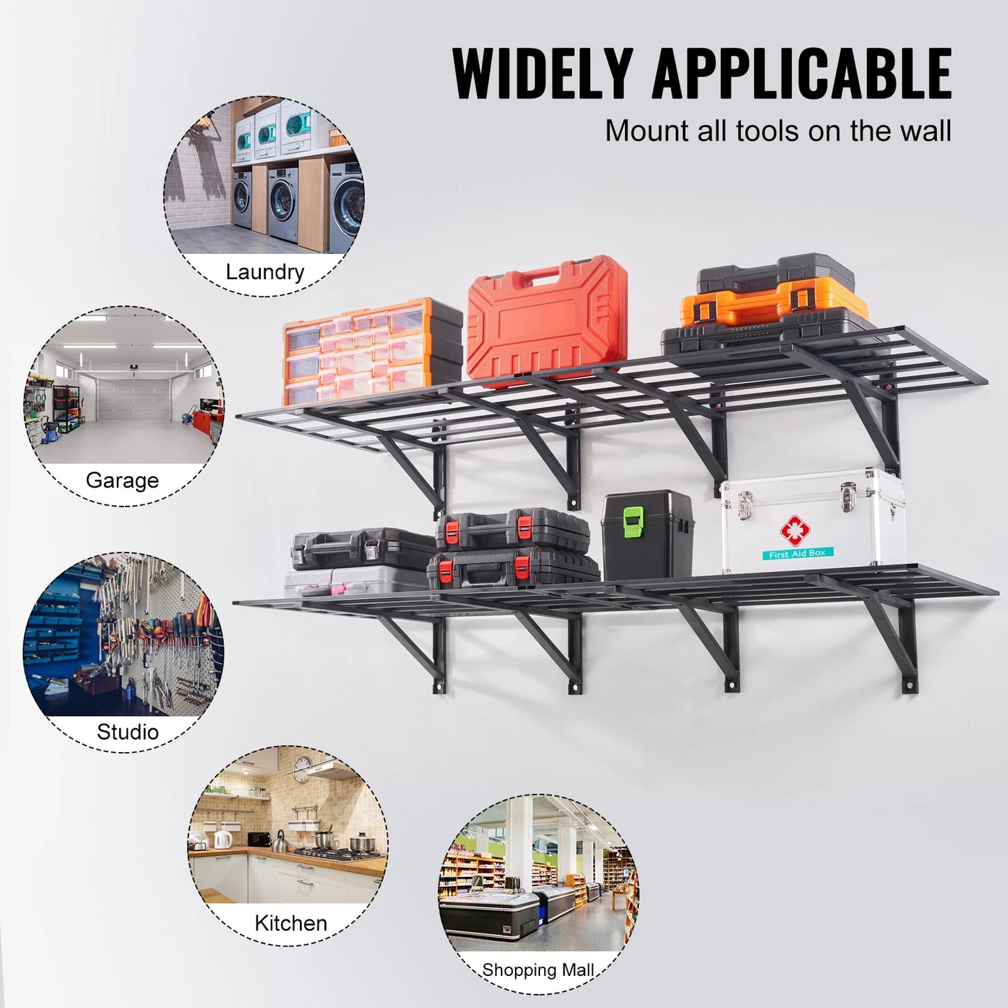 SucceBuy 2-Layer Garage Storage Shelving Wall Mounted Tool Box Rack Tool Cabinet Floating Shelves Holder for Shop Workshop - QUORE
