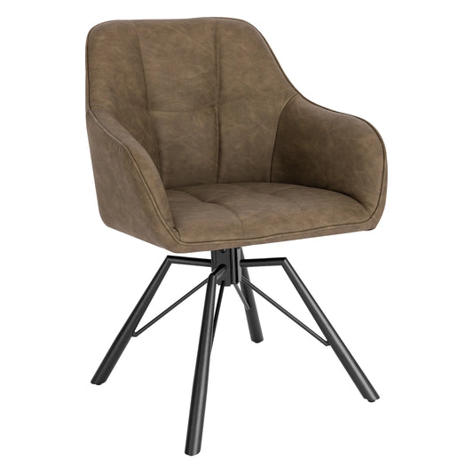 Stoel - Eetkamerstoel - Draaibare Eetkamerstoel - Ergonomisch - Eetkamerstoel met Armleuningen – Comfortabele - Gestoffeerde Keukenstoel – Leer Zitting – 360° Rotatie – Modern Design - 58.5x54.5x82.5cm - Bruin Leer - QUORE