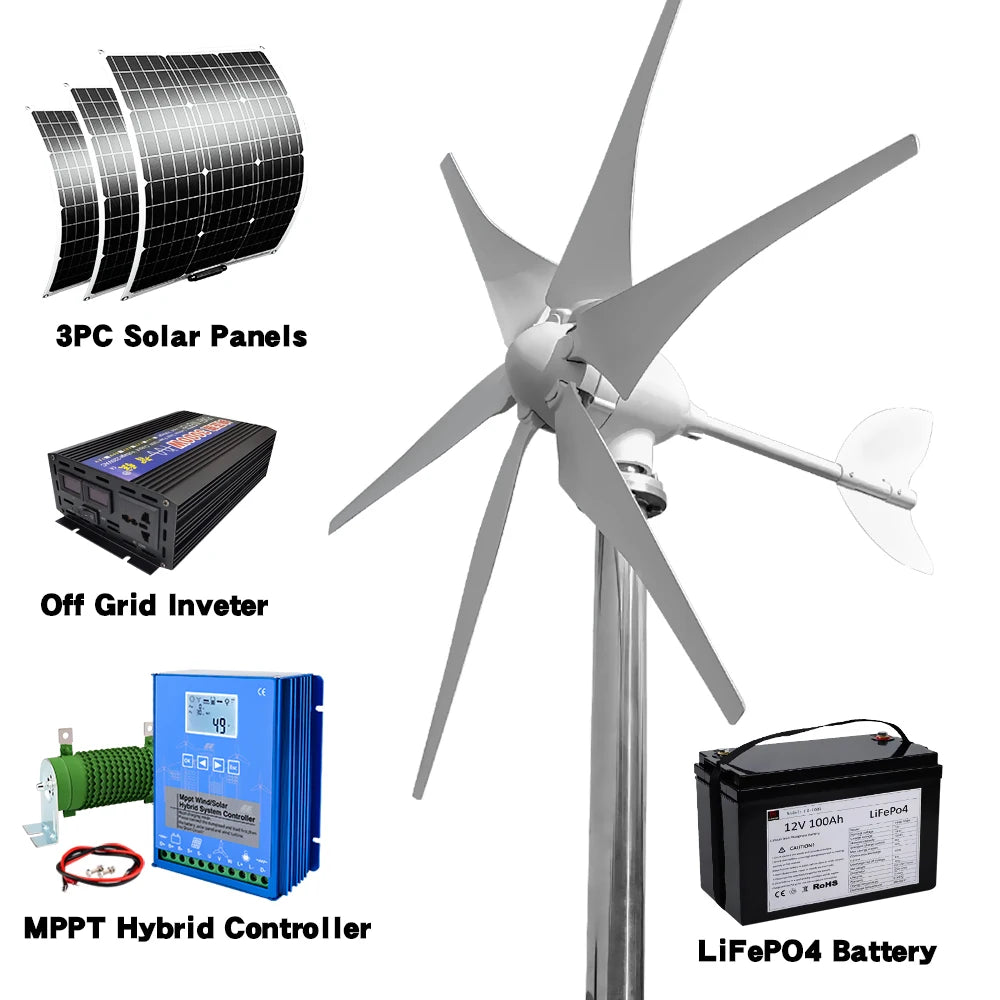 Windturbine – Windgenerator – Windmolen – Duurzame Energie – 3000W – Hybride Zonnestroom – Off-Grid Energie – Fiberglass Bladen – IP54 Beschermd - 12V - Met Batterijsysteem