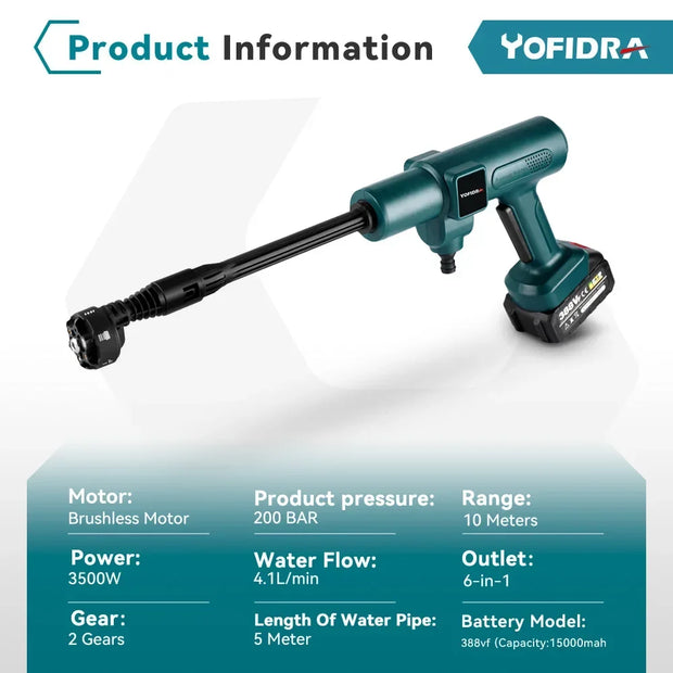 Yofidra - Autowasmachine - Sproeipistool - Borstelloos Sproeipistool - 6-in-1 - Hogedruk - Reiniging Tuinberegening - Oplaadbaar Sproeipistool - 2 Batterij - Groen