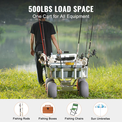 Opvouwbare Strandviskar - Strandwagen - Bolderkar - Camping Trolley - Outdoor Aanhangwagen - 500lbs - Viskar - met 8 Hengelhouders - 11" Wielen - Vistent - voor Strand - Steiger & Camping