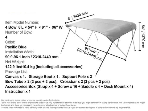 Biminitop 4 Bow - Biminitops - Parasol Cover - Bow Bimini Top Boat Cover - 900D Polyester Canopy - with 1” Aluminum Alloy Frame - Waterproof - Light Gray