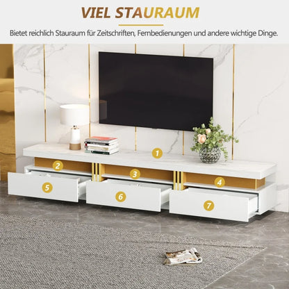 Tv-meubel – Tv-kast – Tv-meubel met laden – Tv-dressoir – Tv-board – Wit – Marmerlook – 200 x 40 x 42 cm – Drie lades – Kabelmanagement - QUORE