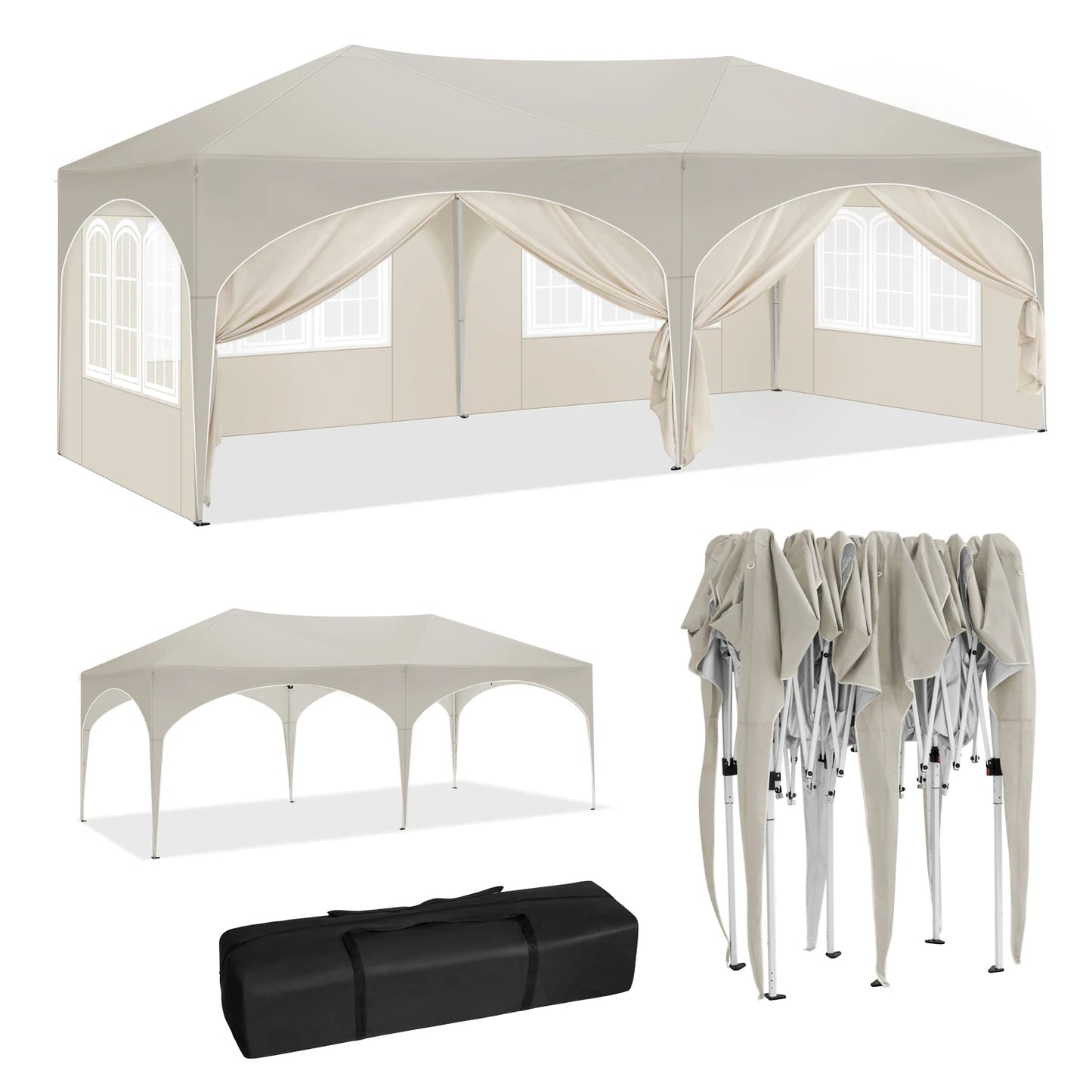 Tuinpaviljoen - Partytent - Easy up Partytent - Paviljoen - Partytenten - Opvouwbare - 3x6 Meter - 6 Zijwanden - Waterdicht – UV-Bescherming – Verstelbare Hoogte – Met Draagtas – Beige - QUORE