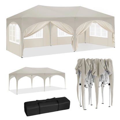 Tuinpaviljoen - Partytent - Easy up Partytent - Paviljoen - Partytenten - Opvouwbare - 3x6 Meter - 6 Zijwanden - Waterdicht – UV-Bescherming – Verstelbare Hoogte – Met Draagtas – Beige - QUORE