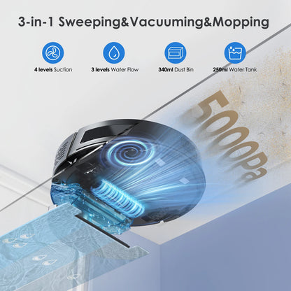 Robotstofzuiger - Dweilrobot - Dweilfunctie - 5000Pa - Slimme Navigatie - 3-in-1 - App Bediening - 30 Verboden Zones - Auto-Opladen - Zwart - QUORE