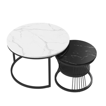 Set Ronde Salontafels – Salontafel Set – Bijzettafels – Woonkamertafels – Stapelbare Tafels – Zwart Wit Design – Marmerlook Tafelblad – Metaal Onderstel