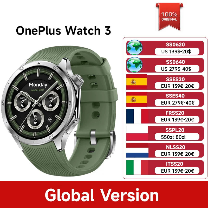 Global Version OnePlus Watch 3 Smart Watch 1.5 inches AMOLED Display 32GB Memory Snapdragon W5 Wear OS by Google IP68