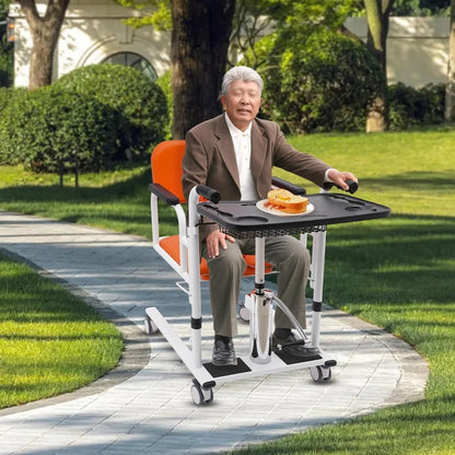 Transportrolstoel - Rolstoel - Rollator - Patiëntenlift & Verzorgingsstoel - Hydraulische - Douchestoel - 4-in-1 Douche – Verstelbare Hoogte & Transferhulp met Pot – Oranje/Wit/Zwart