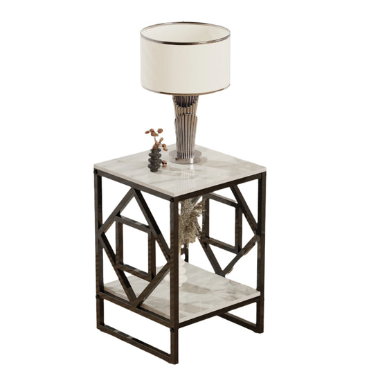 Tafel - Bijzettafel - Marmeren Textuur - Vierkant Bijzettafel - Modern Minimalistisch - Zwart Stalen Frame - 40x40x58cm - Wit en Zwart - QUORE