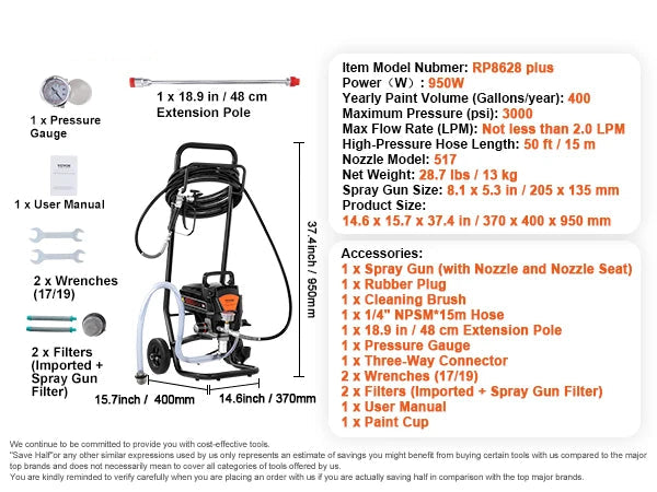 Airless Verfspuit - Verfspuiten Electrisch - Verfspuitmachine - Hoge Druk 3000PSI - 950W - 7,6m/15m Slang - Handmatige Verfspuit - voor Binnen- en Buitenschilderwerk - met Kar - QUORE
