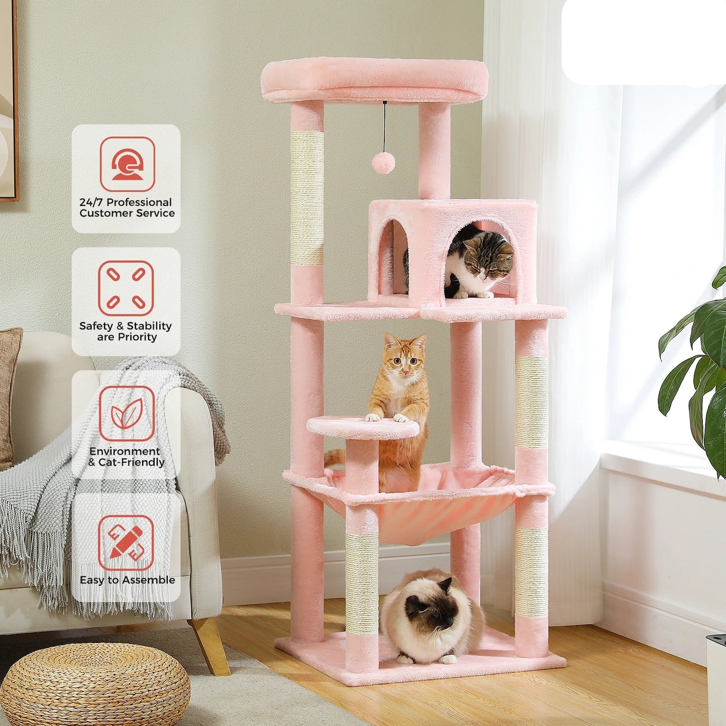 Kattenboom - voor Binnenkatten – Krabpaal - Multi-Level - met Grote Hangmat - Sisal Krabpalen - Kattenhuisje en Topplateau – Kattenmeubel - Arbre a Chat -143cm Hoog - Roze