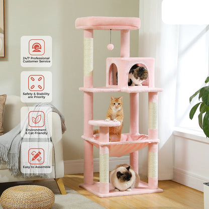 Kattenboom - voor Binnenkatten – Krabpaal - Multi-Level - met Grote Hangmat - Sisal Krabpalen - Kattenhuisje en Topplateau – Kattenmeubel - Arbre a Chat -143cm Hoog - Roze