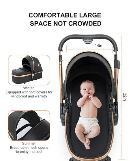Kinderwagen - Babywagen - Buggy - Wandelwagen - 3-in-1 - met Reiswieg - en Autostoel - Opvouwbare Babystoel - Lichtgewicht - voor Baby's - en Peuters - Zwart