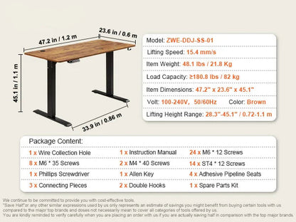 Zit-Sta Bureau - Bureautafel - Computer Tafel - Laptoptafel - Elektrisch - Hoogteverstelbaar - 47.2x23.6inch - voor Gaming en Thuiskantoor - 85kg Draagcapaciteit - Bruin