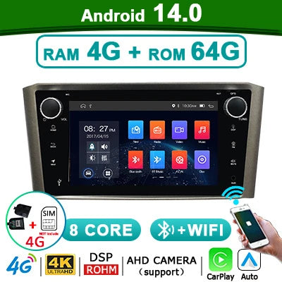 Autoradio Toyota Avensis T25 – 2-DIN Multimedia Speler – Draadloze CarPlay – Android 14 – GPS Navigatie – 7 Inch Touchscreen – 8-Core Processor – 128GB Opslag