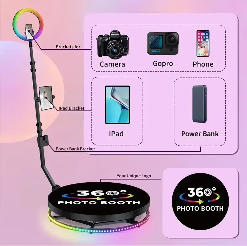 360° Photocabine – 360º Photobooth – Fotocabine – Draaiende Fotomachine – Photobooth voor 1-7 Personen – Robuust Massief Metaal – Inclusief Afstandsbediening en Draagcase