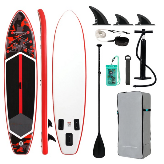 Supboard - Paddle Board - Peddelplank - Surfplank - Opblaasbaar - Inc. Peddel - 3 x Vin - Leash - Riem - Handpomp - Rugzak - Waterdichte Telefoonhoes - 350 x 84 x 15 cm - Rood Camouflage