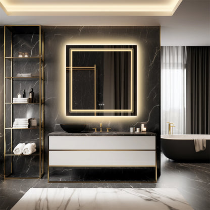 Spiegel - Badkamerspiegel - Make-upspiegel - Vierkant Spiegel - met Dimbare Verlichte - 3 Kleuren - Aanraaksensor - Voorruitverluchting - IP65 Waterdichte - 110-240V - 90 x 90 cm