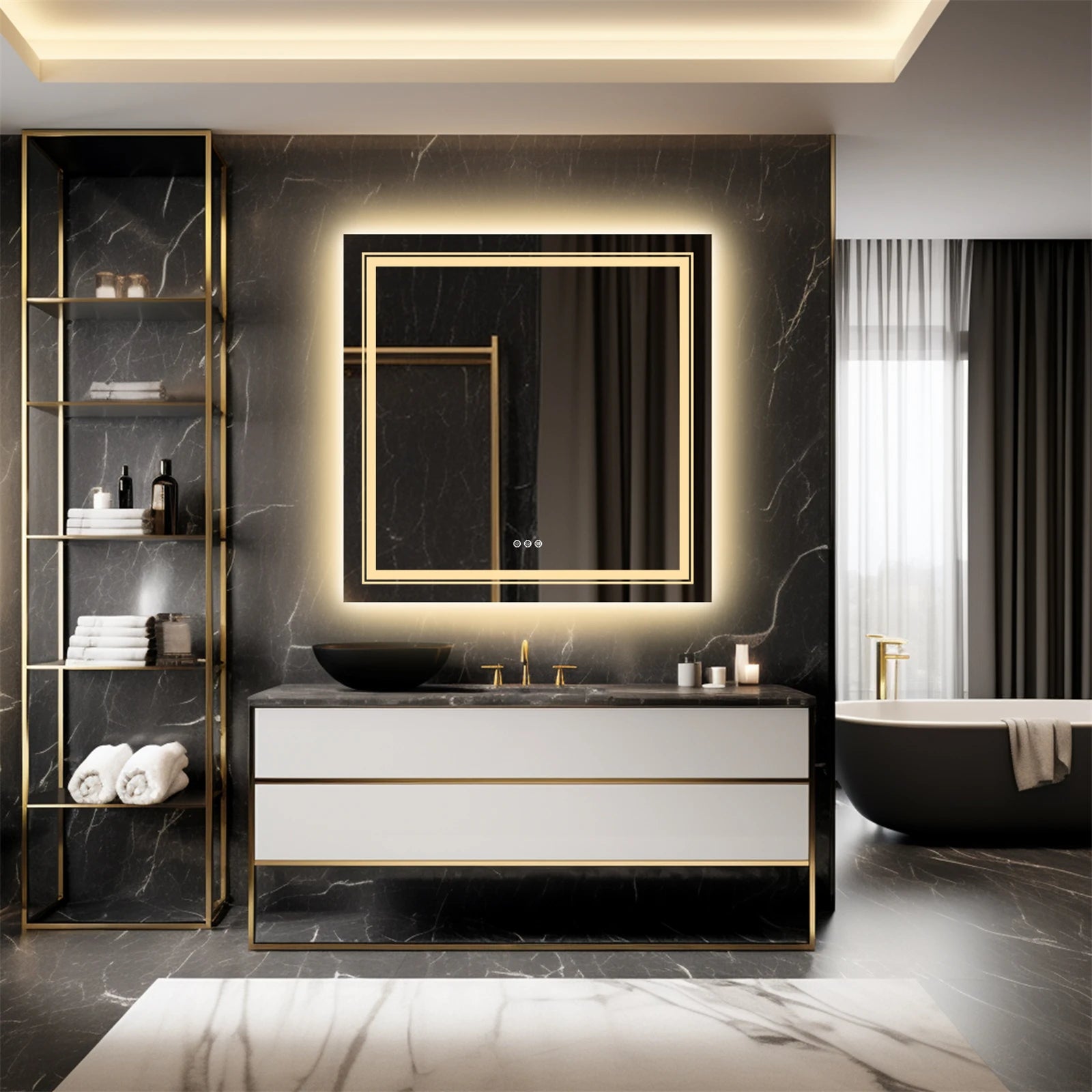Spiegel - Badkamerspiegel - Make-upspiegel - Vierkant Spiegel - met Dimbare Verlichte - 3 Kleuren - Aanraaksensor - Voorruitverluchting - IP65 Waterdichte - 110-240V - 80 x 80 cm - QUORE