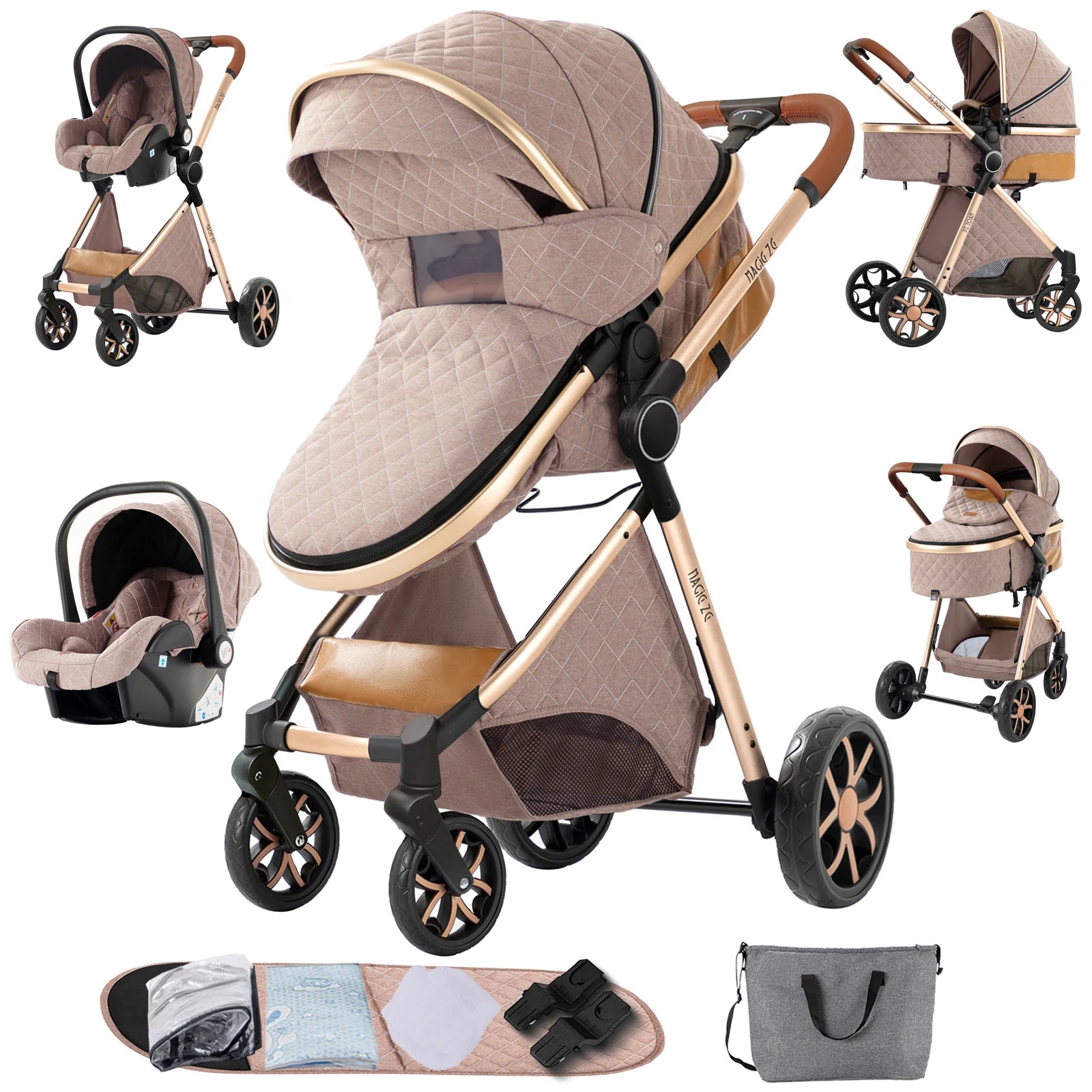 3-in-1 High Landscape Baby Stroller Travel System Bassinet Car Seat Lightweight Frame with One-Hand Folding Feature Baby Items - QUORE