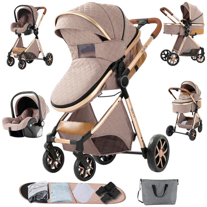 3-in-1 High Landscape Baby Stroller Travel System Bassinet Car Seat Lightweight Frame with One-Hand Folding Feature Baby Items - QUORE