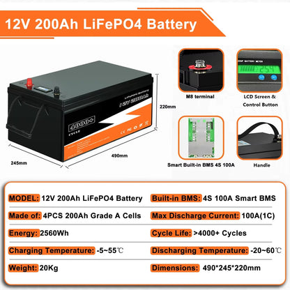 LiFePO4 Accu – Lithium Batterij – Camper Accu – Boot Accu – Zonne-energie Accu – 12,8V 200Ah – Ingebouwd BMS