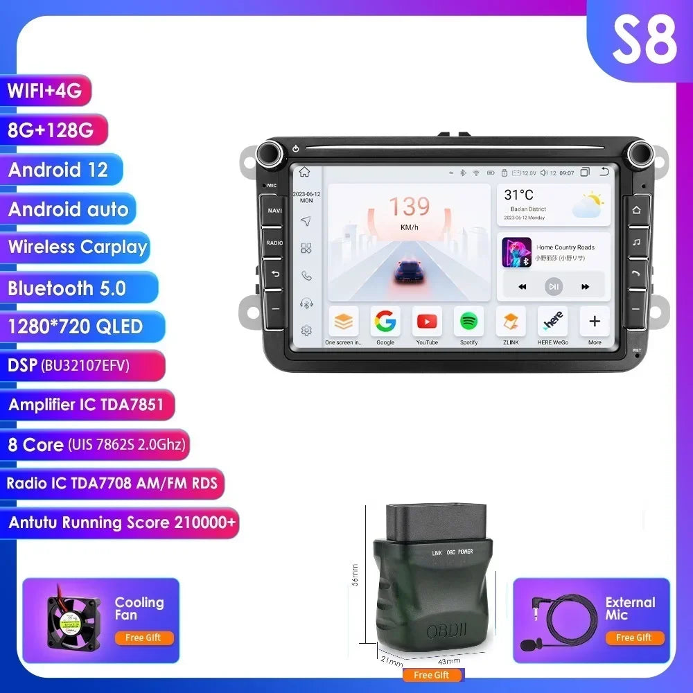 Multimedia Autoradio – Android Radio – Auto Stereo – Touchscreen Navigatie – CarPlay Auto Headunit – 8 Inch HD Scherm – OBD2 Ondersteuning – 4GB RAM 64GB Opslag