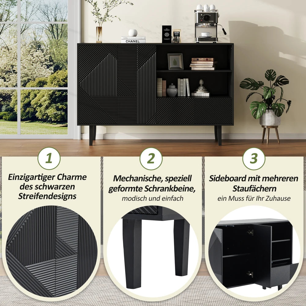 Sideboard – Opbergkast – Dressoir – Kast – Buffetkast – Mat Zwart – Verstelbare Planken – Draagvermogen 80 kg