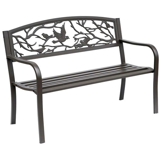 Tuin Bank - Tuinbank Hout - Tuinbanken - Garden Furniture - Stalen Tuinbank met Decoratieve Rugleuning en Dierenmotief - 127x60x85 cm - Chocoladebruin - QUORE