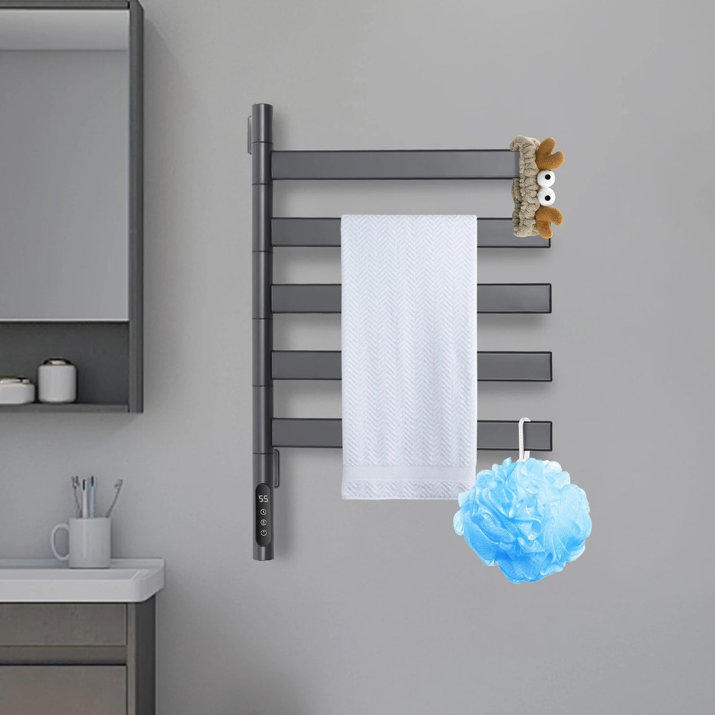 Elektrische Handdoekradiator – Handdoekdroger – Elektrische Radiator – Wandradiator – Towel Warmer – Grijs – 5 Draaibare Stangen – LED Touchscreen Met Timer