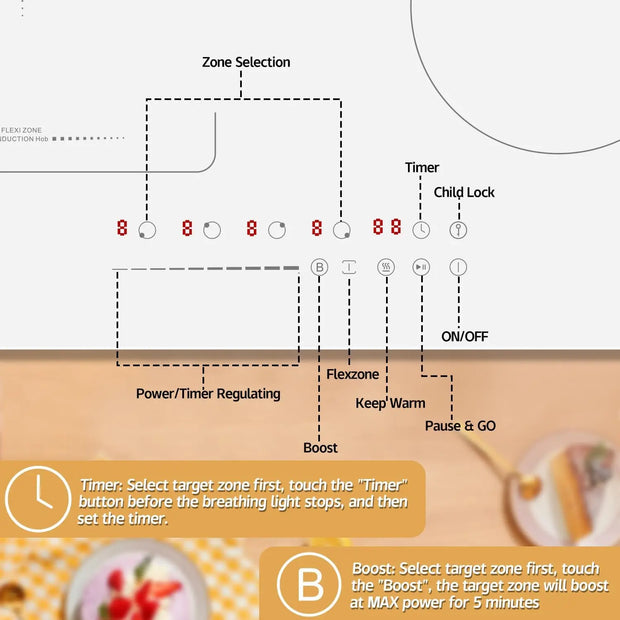 Induction Hob - Induction Hob - Induction Cook Top - Induction Cooker - Electric Burner - 4 Zones with Plug - 59CM - 3500W - White Ceramic Glass - Combination Zones - Slide Controls - 9 Power Levels
