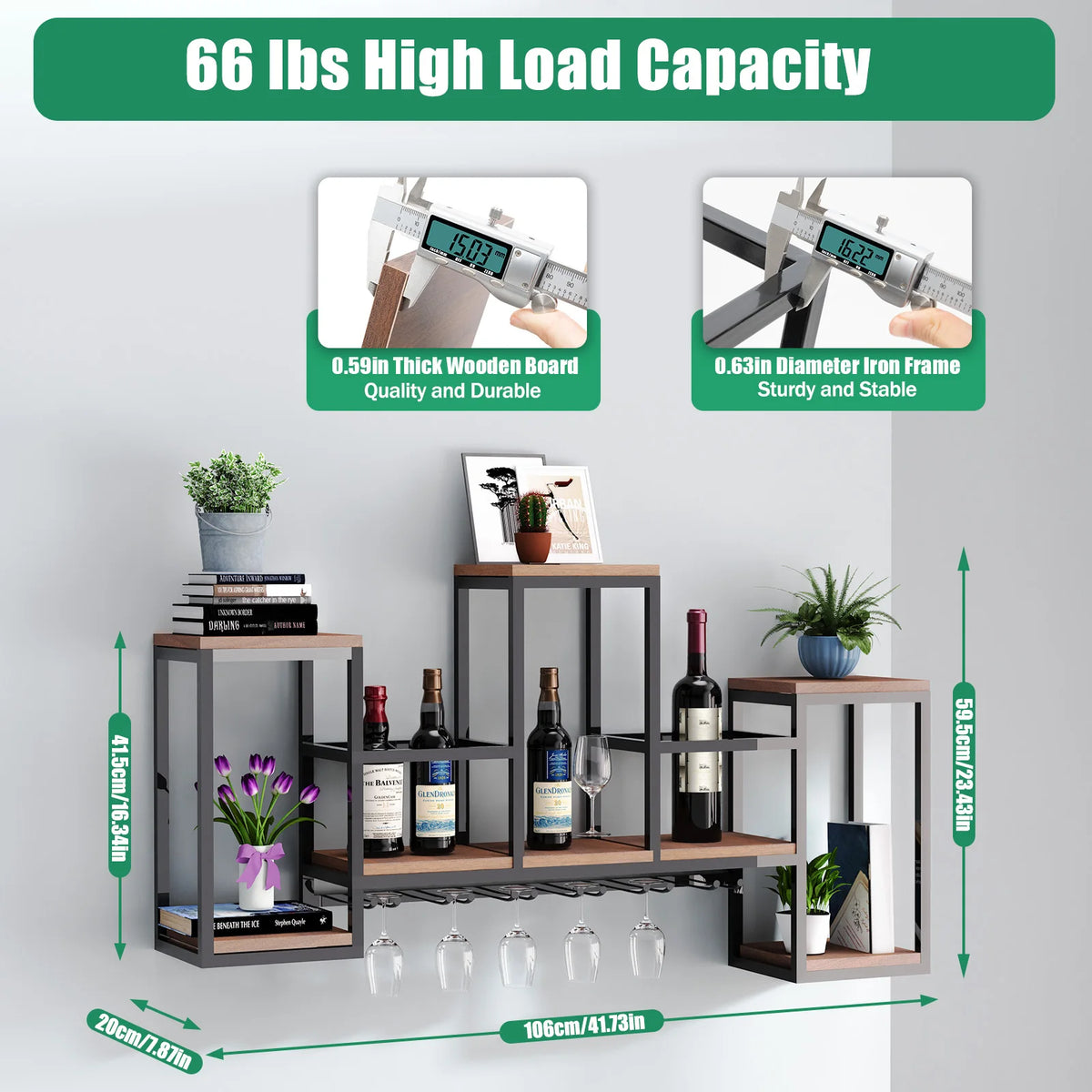 Wine Rack - Wine Bottle Rack - Wijnrek - Wijnflessenrek - Metalen Wijnfleshouder - Wandmontage - Wijnopslag Displayrek - voor Thuis, Bar, Eetkamer en Keuken - Bruin - QUORE