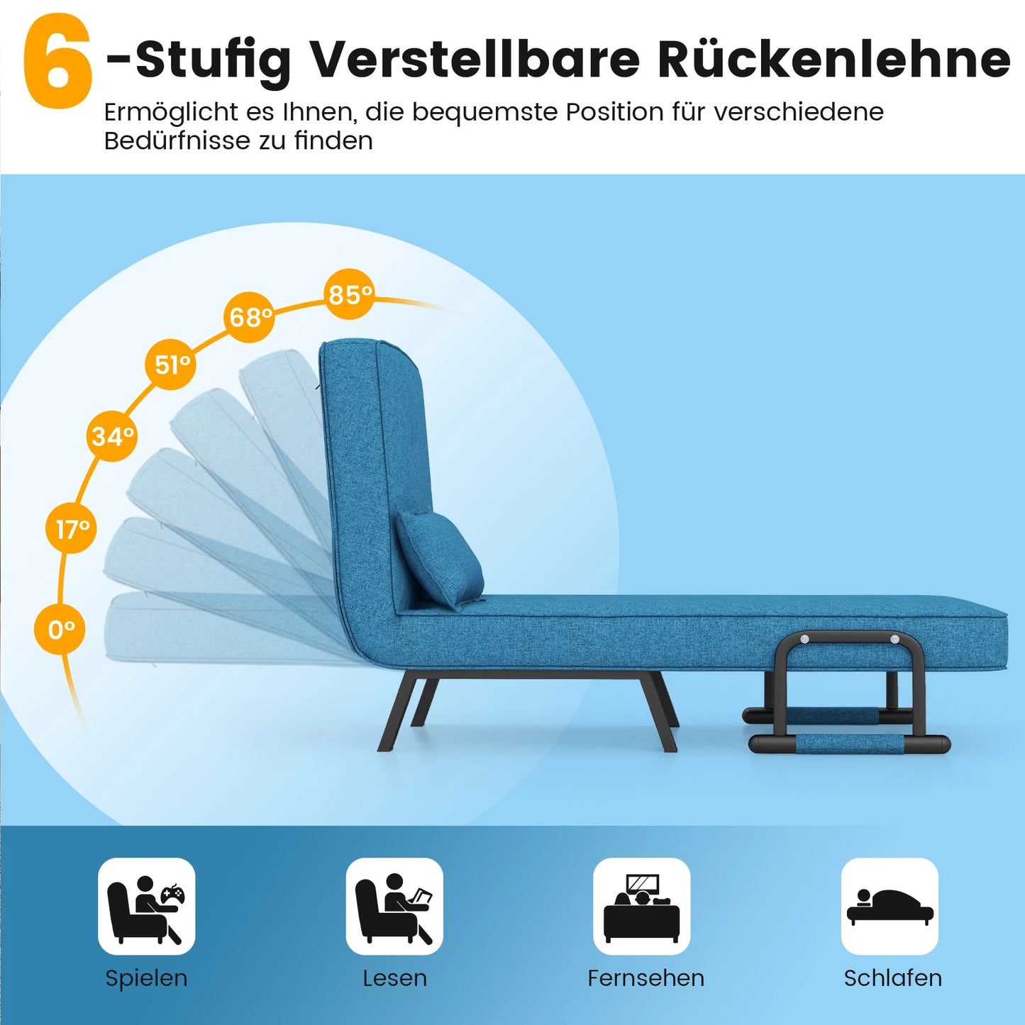 4-in-1 Opvouwbaar Slaapbank – Verstelbare Rugleuning – Verwijderbaar Kussen en Gewatteerde Zitting – Slaapbank met Metalen Frame – Draagvermogen tot 150 kg (Blauw) – Daybed