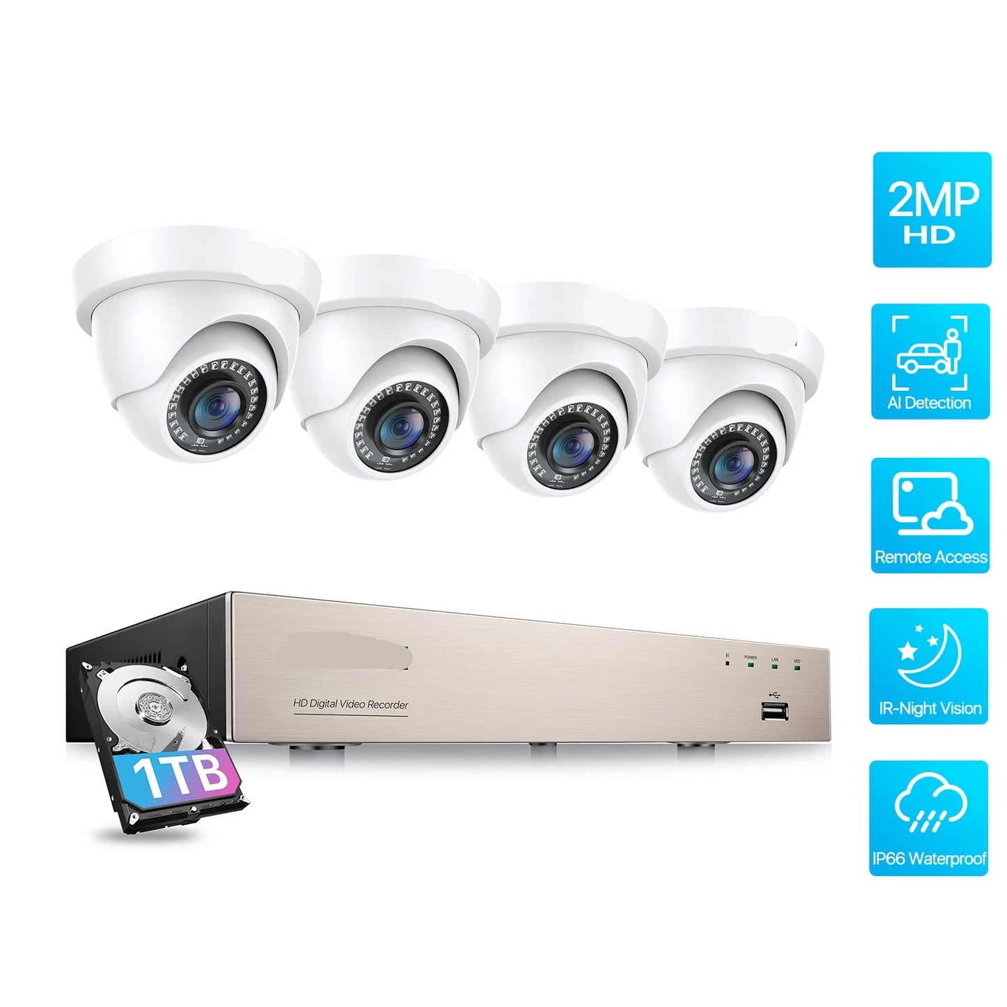 Beveiligingssysteem 8-Kanaals – CCTV Camera Systeem – Domecamera Set – Video Bewaking – HD Beveiligingscamera – 1080p Full HD – Nachtzicht Tot 24 Meter