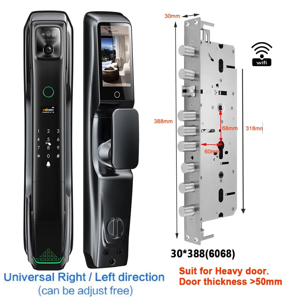 Smart Deurslot – Slim Slot – Elektronisch Deurslot – Veiligheidsslot – Toegangscontrole – Gezichtsherkenning – Video Deurbel – Aluminium Behuizing - 30x388 - 6068 Insteekslot - QUORE