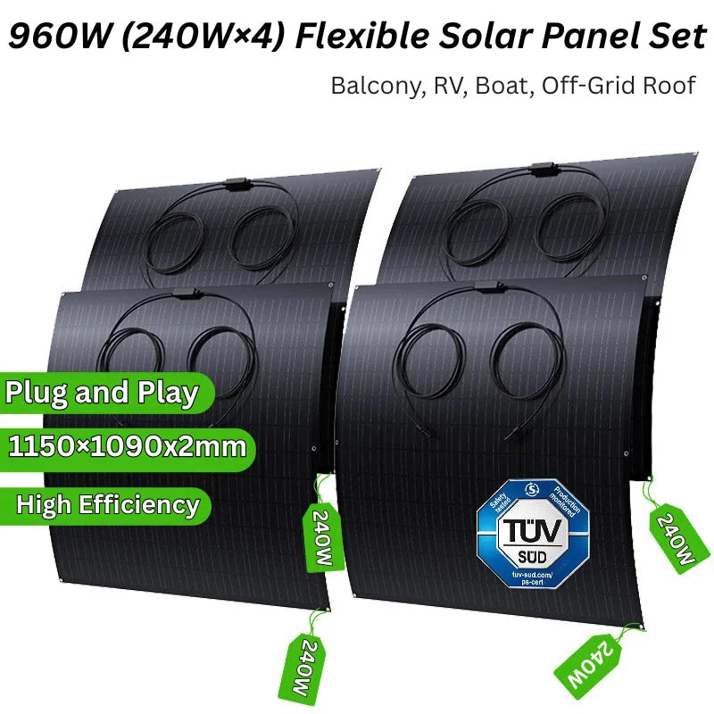 Zonnepanelen Set – Zonnepaneel Kit – Solar Panel Module – Balcon Zonnepaneel – 4x240W 960W Variant – Flexibele Monokristallijn – IP67 Waterdicht & Plug & Play</assistant