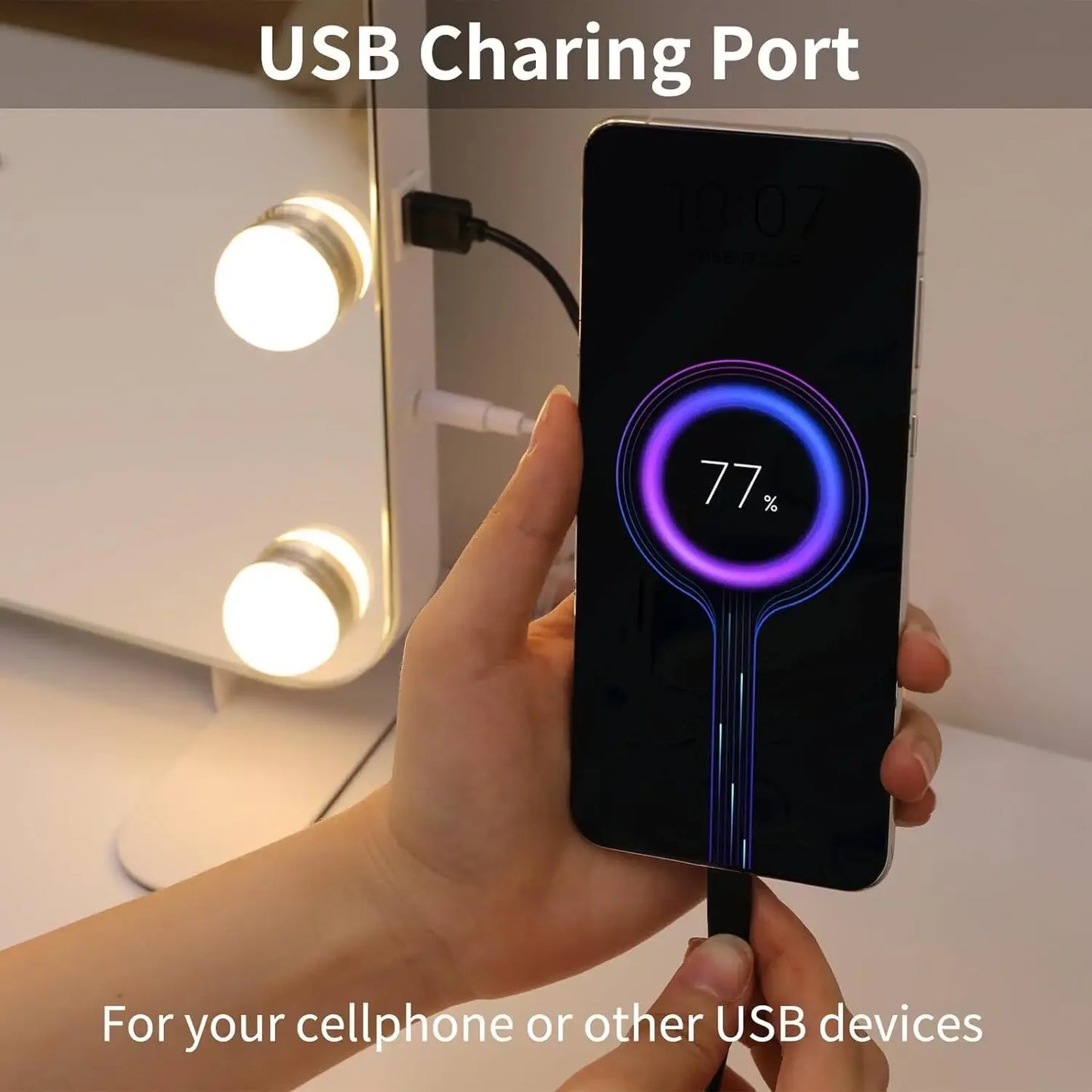Hollywood Vanity Mirror with Lights 15 Dimmable LED Bulbs 3 Color Lighting Adjustable Brightness USB Charging Port (58*46cm) - QUORE