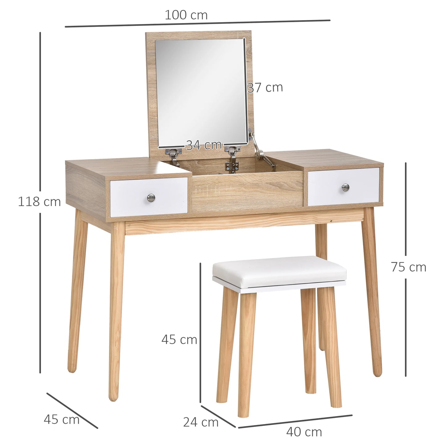 Kaptafel – Make-Up Tafel – Schminktisch – Slaapkamermeubel – Opbergruimte – 2 Lades – Zachte Kruk - 100 x 45 x 118 cm - QUORE