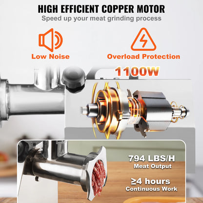 Elektrische Vleesmaler – Vleeshacker – Gehaktmolen – Worstmaker – 1100W Motor – RVS Constructie - QUORE