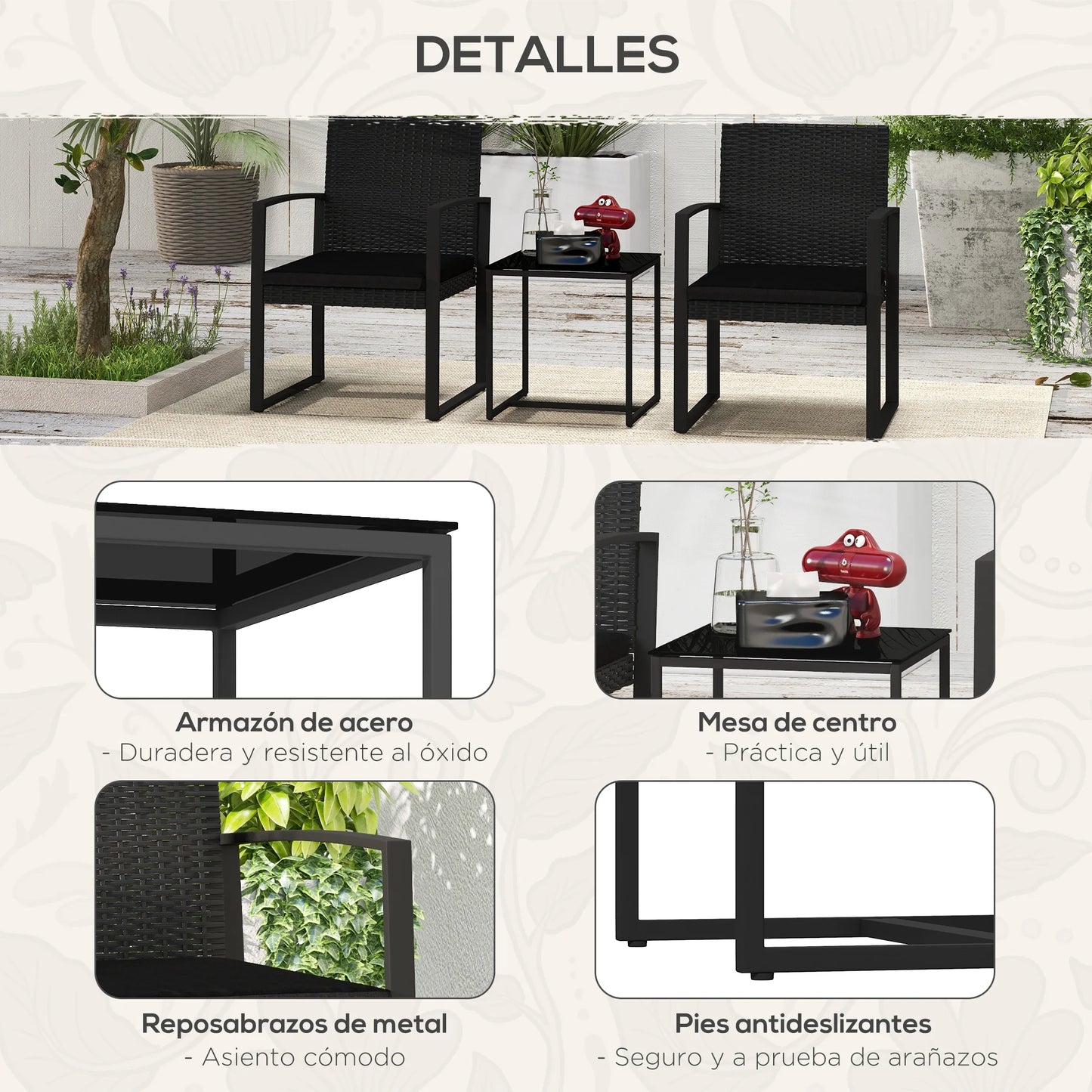 Set van Kunststof Rattan Tuinmeubelen met Zwarte Kussens - 3-delige Patio Set - Moderne Tuinmeubels - Comfortabele Fauteuils & Salontafel - Makkelijk Schoon te Maken Kussens - Duurzaam Stalen Frame - QUORE