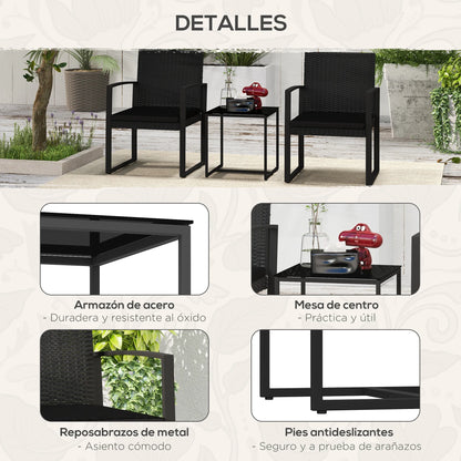 Set van Kunststof Rattan Tuinmeubelen met Zwarte Kussens - 3-delige Patio Set - Moderne Tuinmeubels - Comfortabele Fauteuils & Salontafel - Makkelijk Schoon te Maken Kussens - Duurzaam Stalen Frame - QUORE