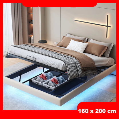 Opbergbed – Gestoffeerd Bed – Tweepersoonsbed – Led Verlichting – Zwevend Ontwerp – Metalen Frame – PU-Leder Afwerking