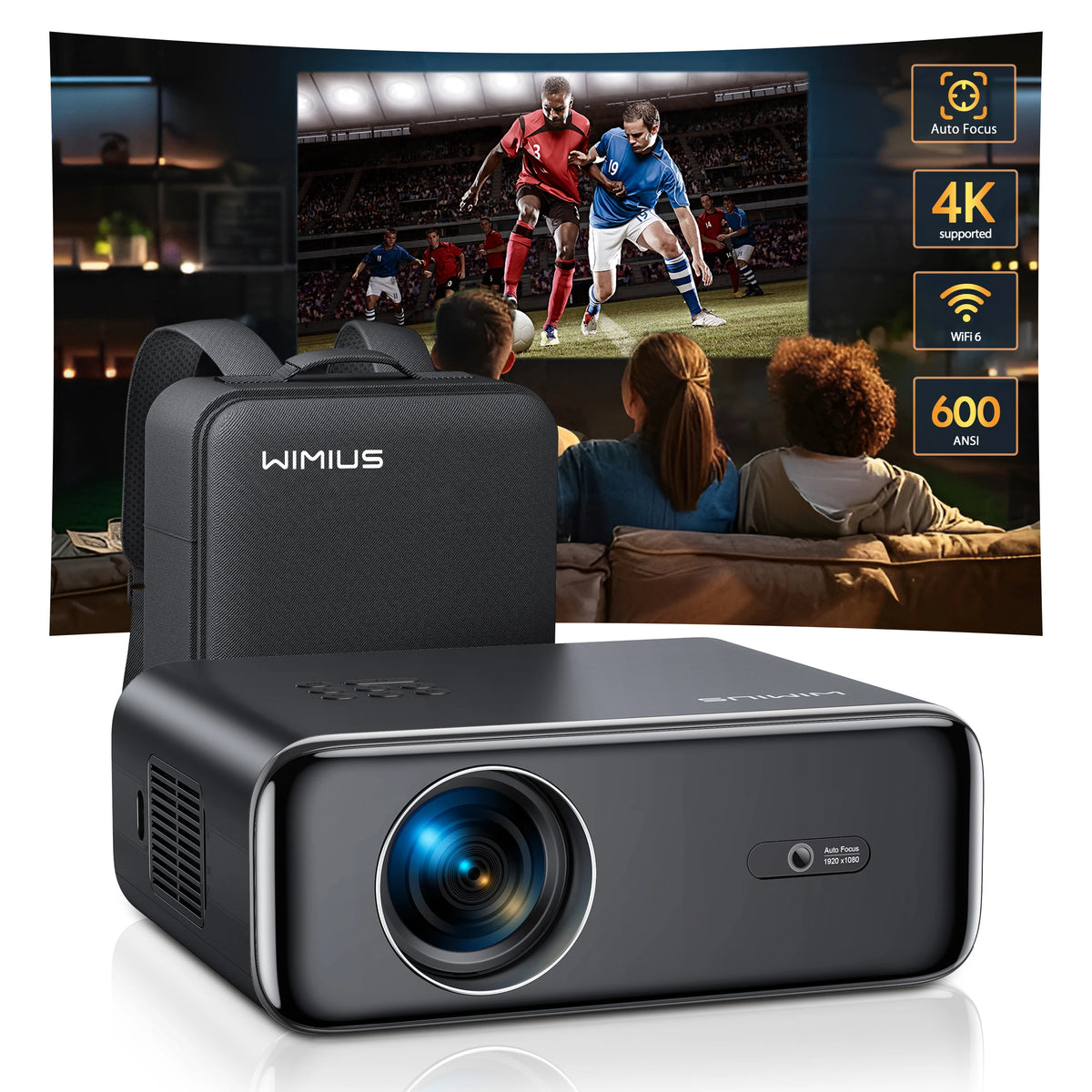 Wimius - Beamer - Projector Beamer - Projector 4k - 1080P -  Automatische focus - met WiFi 6 en Bluetooth 5.2 - 600ANSI - Buiten- en thuisprojector - Zwart - QUORE
