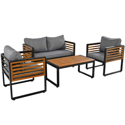 Tuinbankstel – Tuinmeubelset – Buitenbank – Loungeset – Verzinkt Stalen Frame – Acaciahouten Tafelblad – Comfortabele 7 Cm Kussens - Grijs