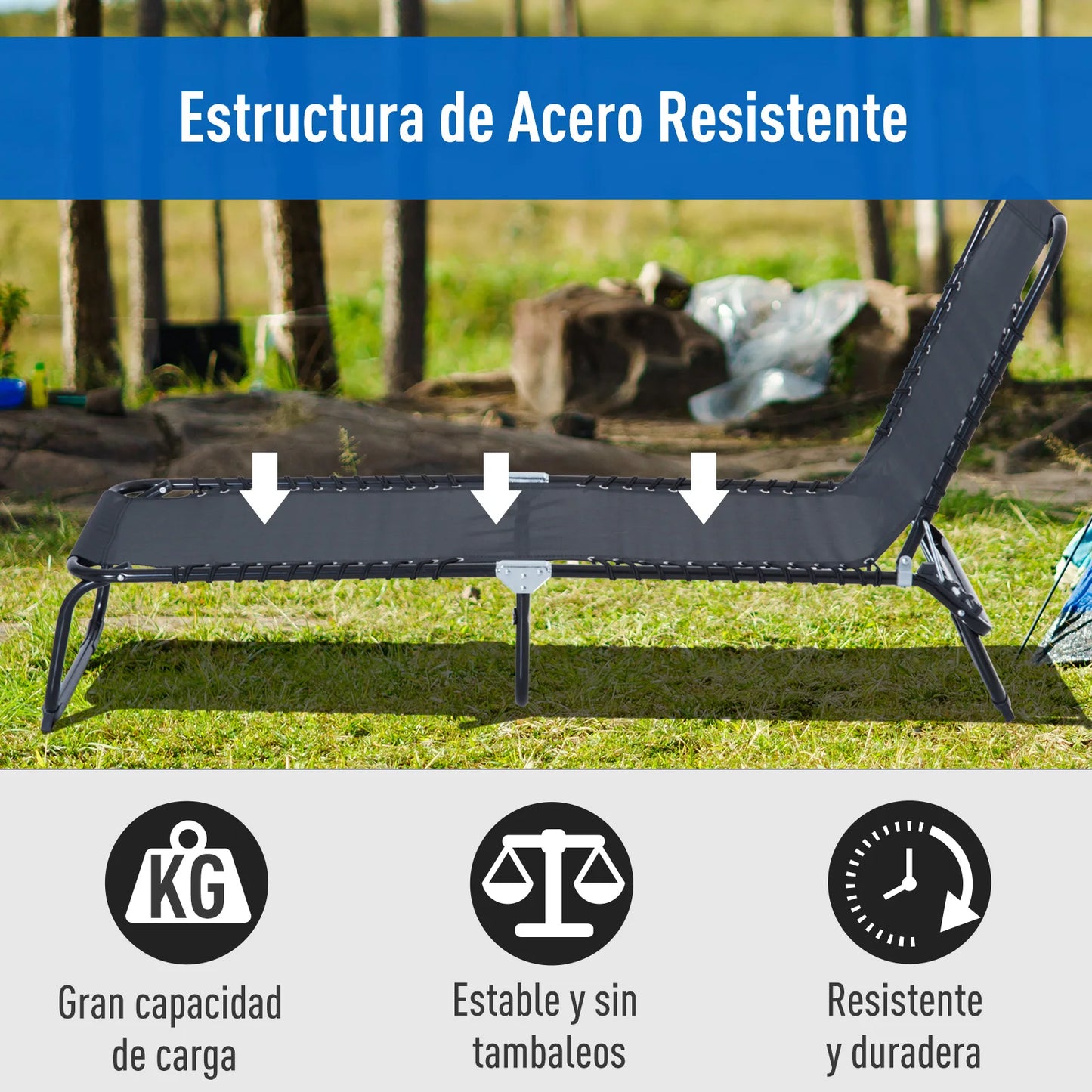 Verstelbare Vouwbare Lounger - 4 Posities - Tuin Recliner - Stalen Frame - Ademend Textilene - Camping, Zwembad, Patio - Zwart - QUORE